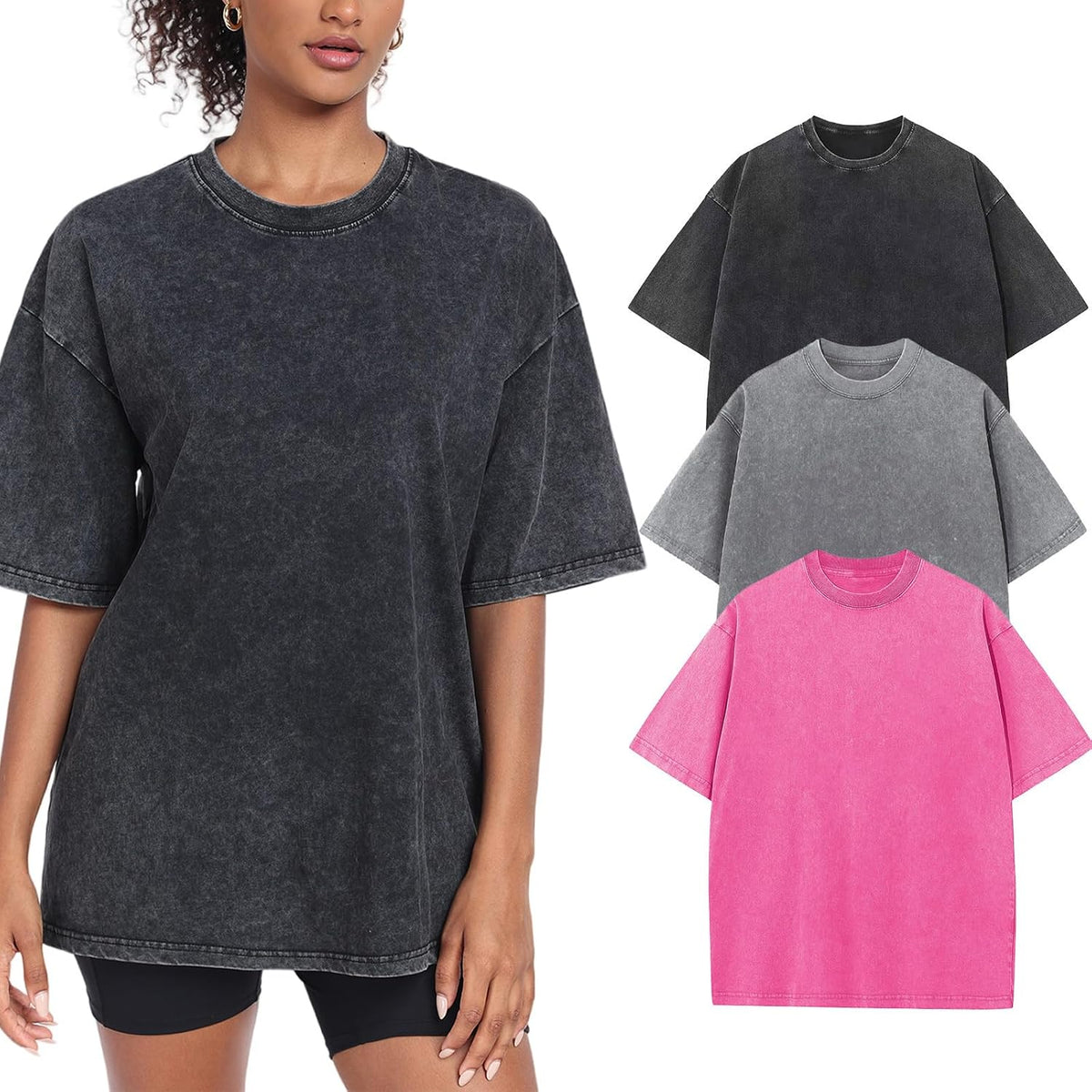 Women's Washed Vintage Oversized T-Shirt - Baggy Cotton Boyfriend Tee, Short Sleeve Street Wear Top - Medium