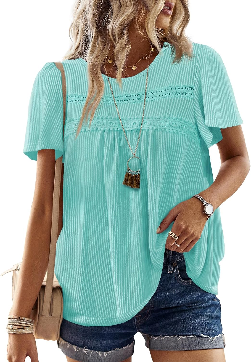 Women's Boho Ribbed Short Sleeve Top - Crochet Lace Trim, Flowy Loose Fit in Sizes XS to 5XL - Black