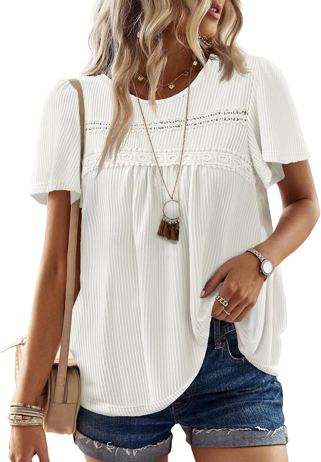 Women's Boho Ribbed Short Sleeve Top - Crochet Lace Trim, Flowy Loose Fit in Sizes XS to 5XL - Apricot (8)