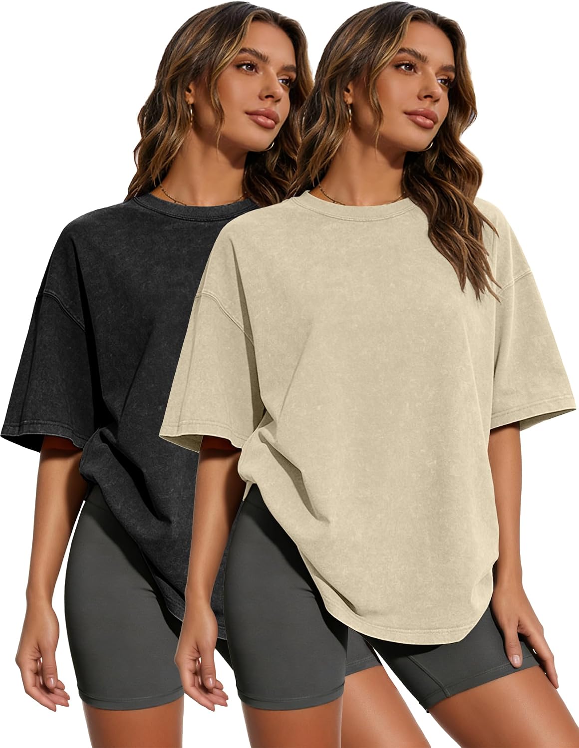 Women's Oversized T-Shirts 2 or 4 Pack - Crew Neck, Baggy Loose Fit, Plain Colours for Gym and Summer Days - Medium