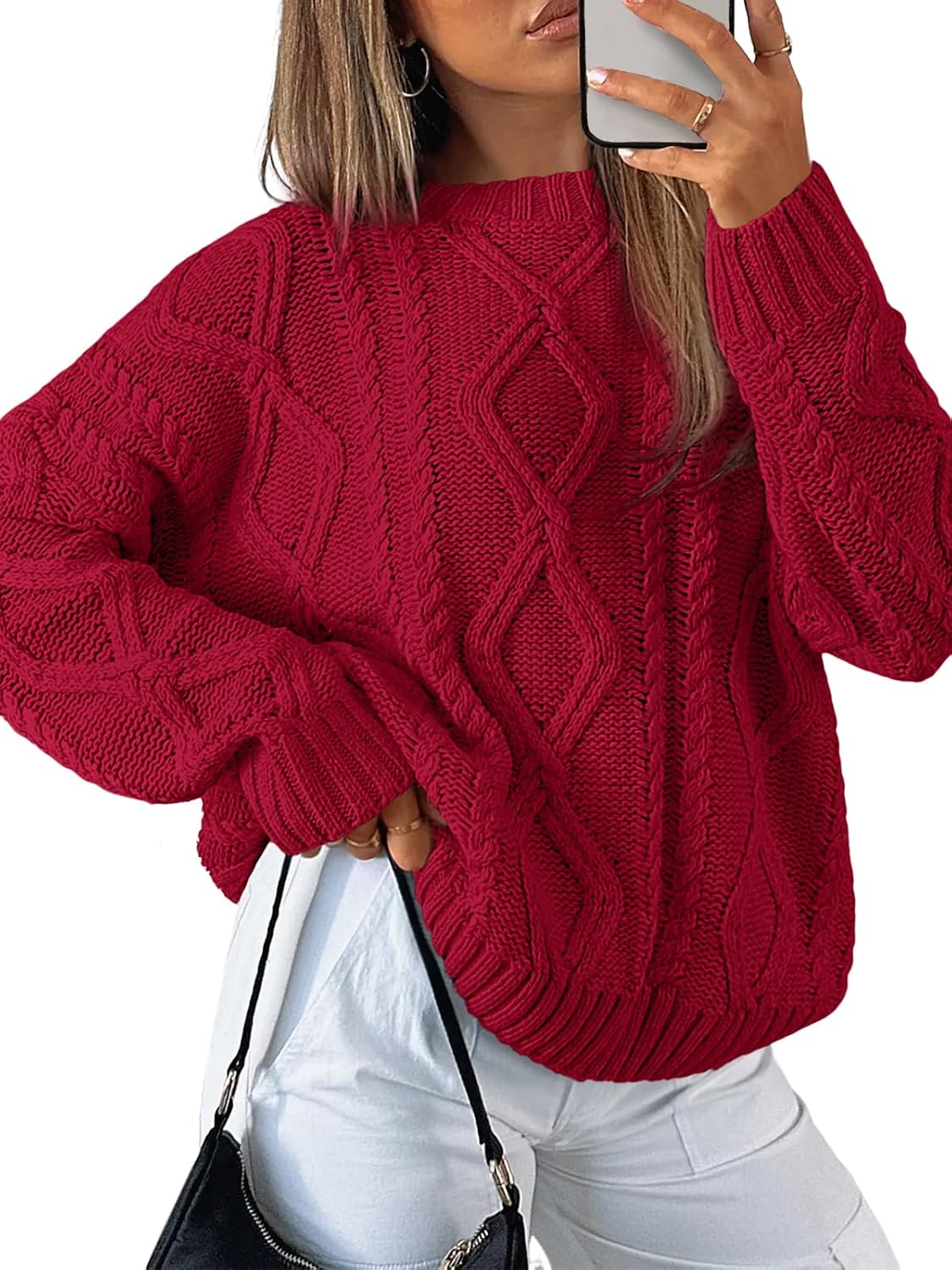 Women's Oversized Cable Knit Sweater - Chunky Knit Texture, Drop Shoulders, Pullover for Fall Layering - Small