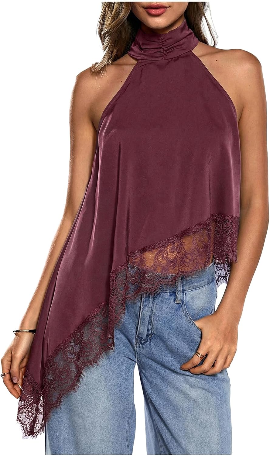 Women's Lace Halter Neck Top - Asymmetrical Hem, Sleeveless Flowy Cut for Date Night and Concerts - Small (9)
