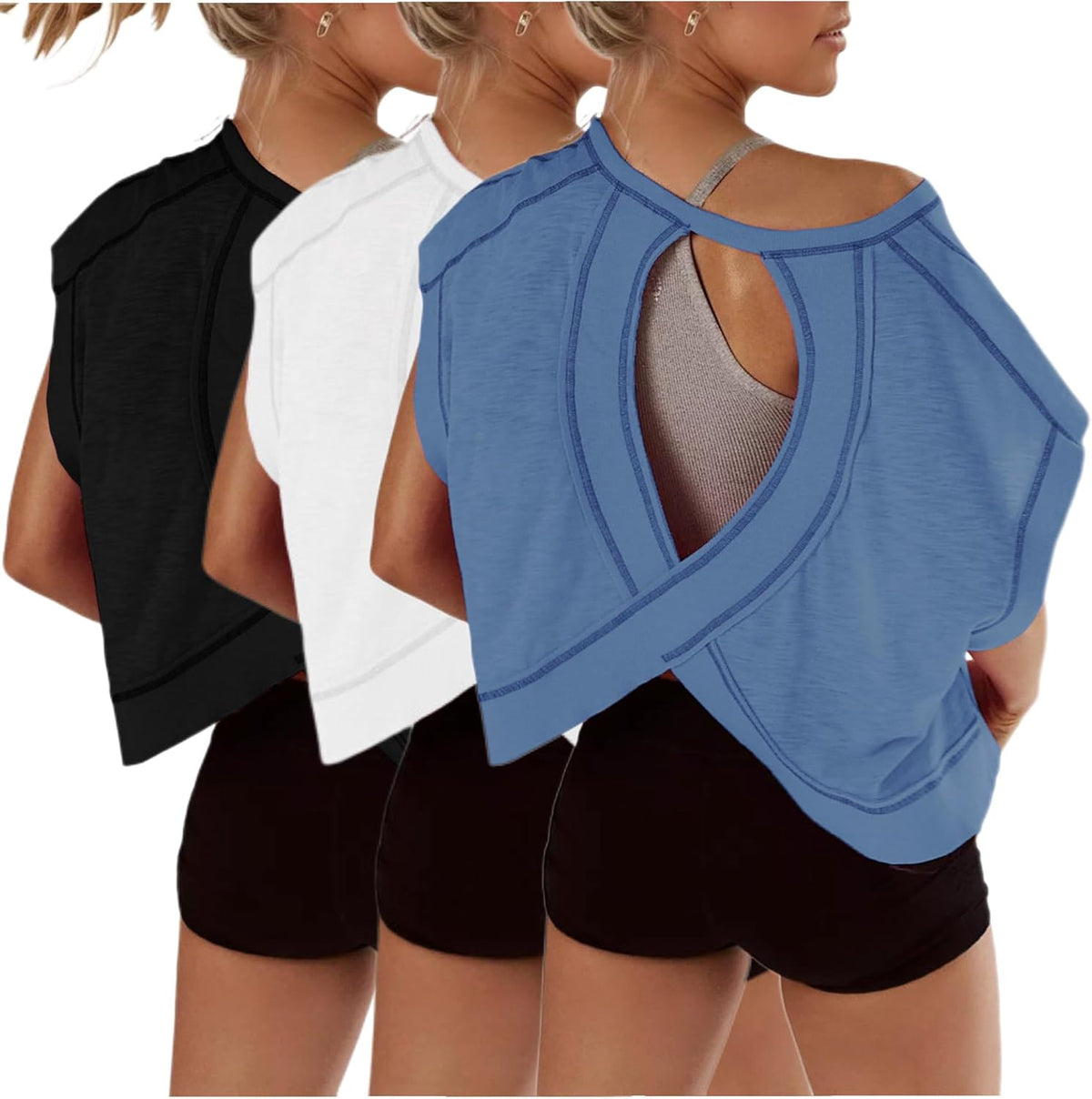 Women's Open Back Crop Tops 3 Pack - Short Sleeve Athletic Tees for Gym, Yoga and Running Sessions - Black&white&blue