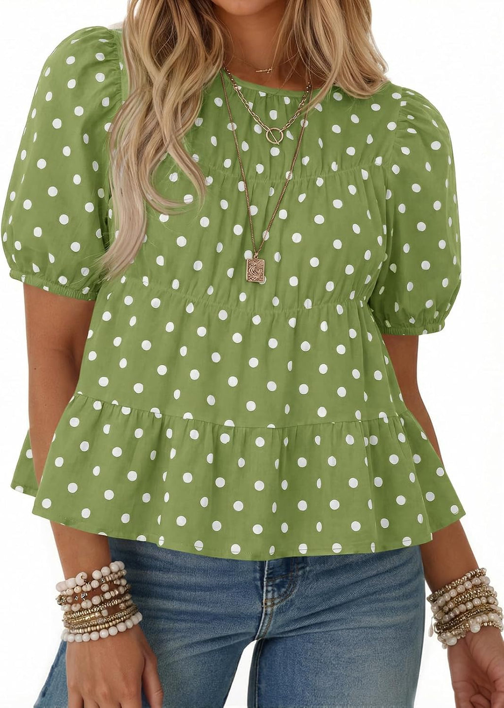 Women's Puff Sleeve Peplum Top - Pleated Babydoll Cut, Short Sleeve Cotton Blouse for Summer Outings - Navy Polka Dot