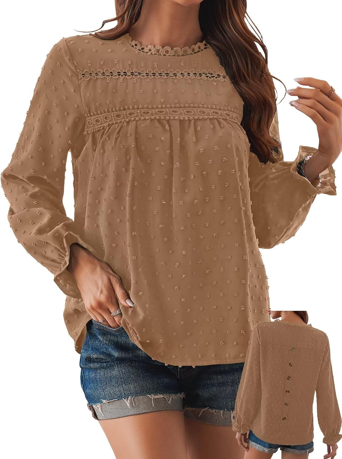 Women's Swiss Dot Ruffle Blouse - Long Sleeve Crew Neck, Eyelet Lace Trim, Flowy Fit in Sizes XS to 5XL - Small (10)