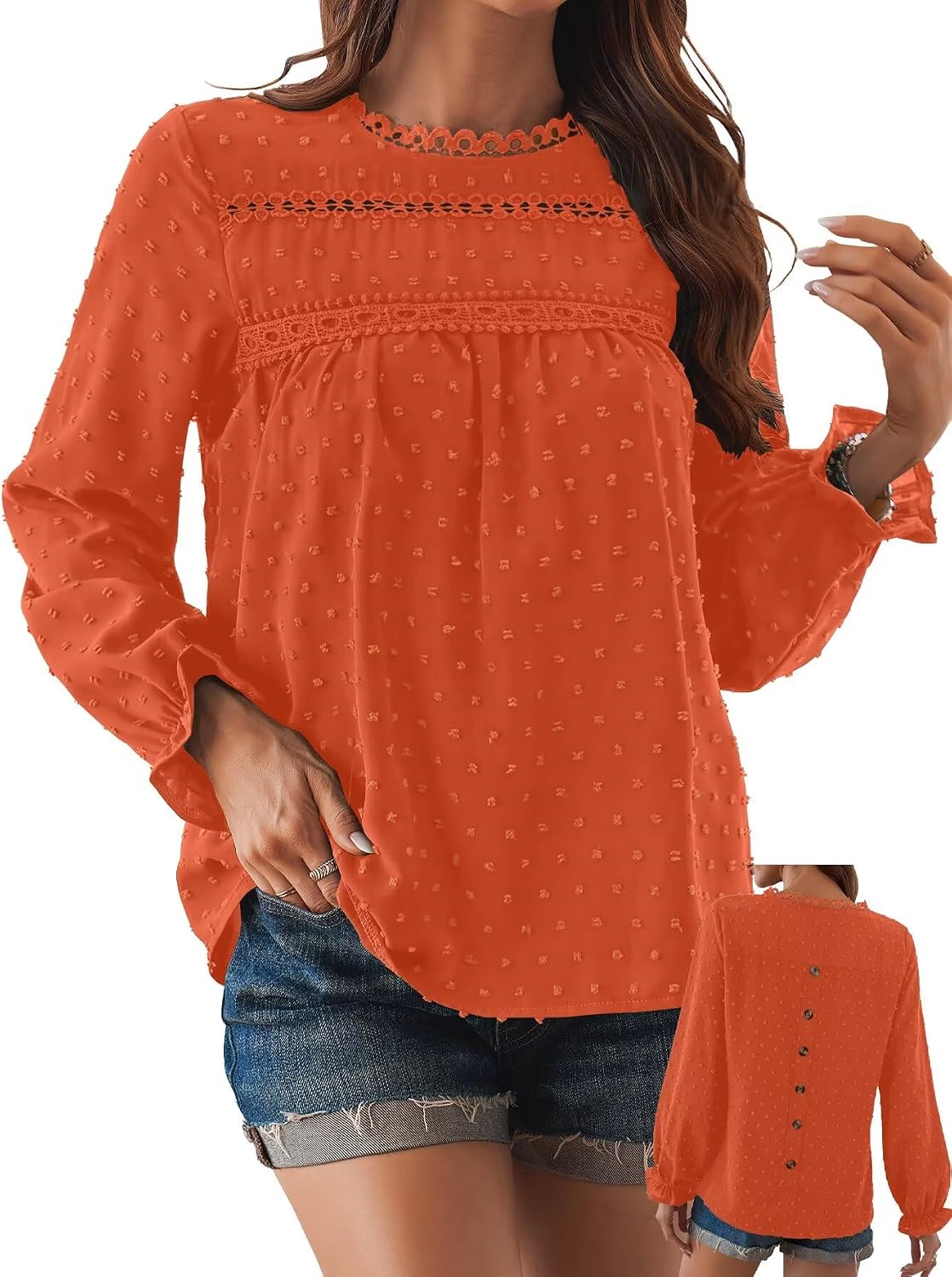 Women's Swiss Dot Ruffle Blouse - Long Sleeve Crew Neck, Eyelet Lace Trim, Flowy Fit in Sizes XS to 5XL - Small