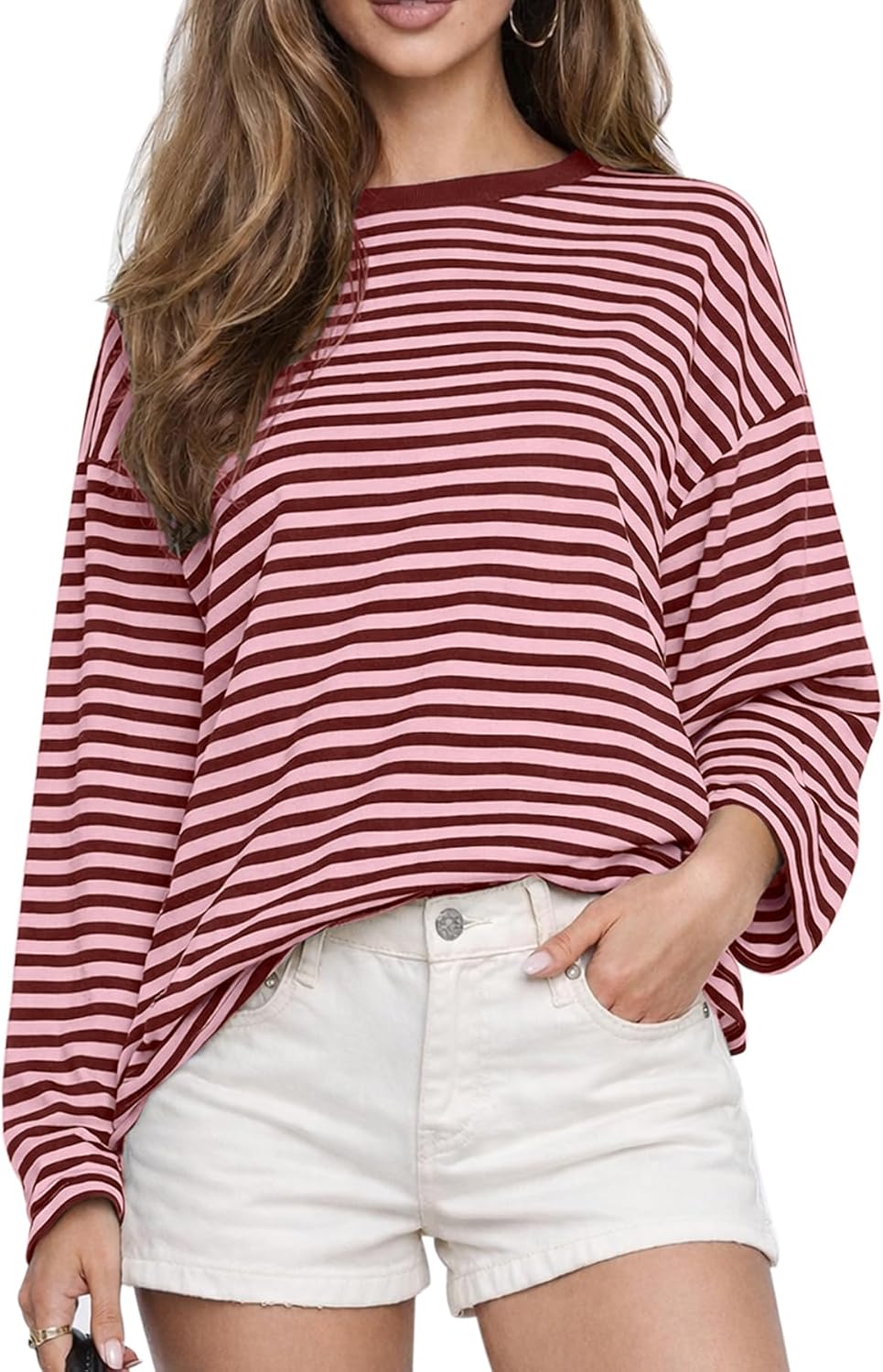 Women's Oversized Striped Long Sleeve Tee - Crew Neck, Contrast Stripe Knit, Relaxed Fall Top for Layering - Small
