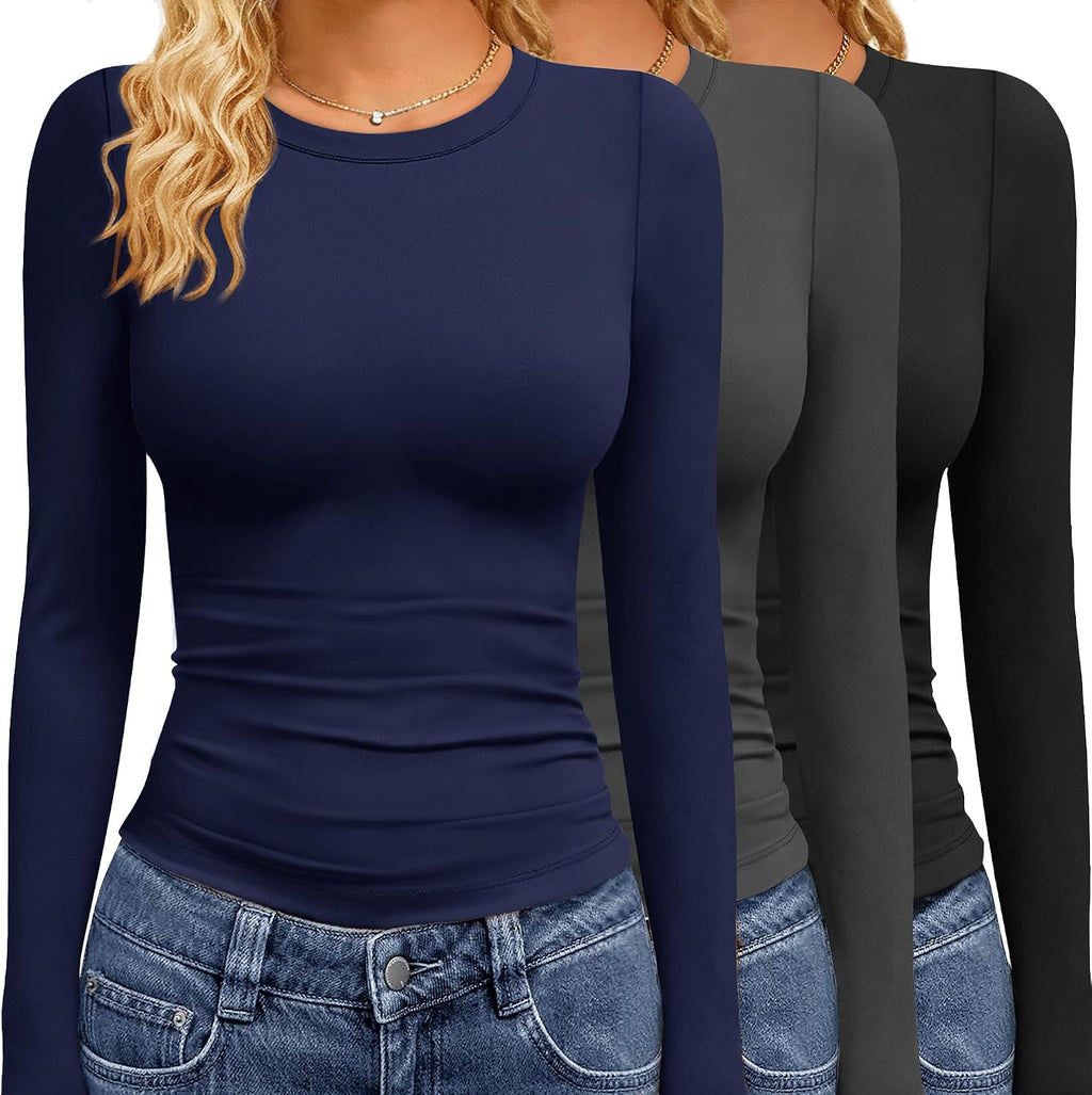 Women's Long Sleeve Tees 3 Pack - Crew Neck, Slim Stretch Fit, Wrinkle Resistant Tops for Office and Gym - Black,white,b