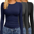 Women's Long Sleeve Tees 3 Pack - Crew Neck, Slim Stretch Fit, Wrinkle Resistant Tops for Office and Gym - Black,white,b