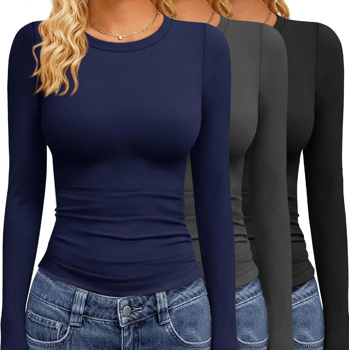 Women's Long Sleeve Tees 3 Pack - Crew Neck, Slim Stretch Fit, Wrinkle Resistant Tops for Office and Gym - Black,white,b