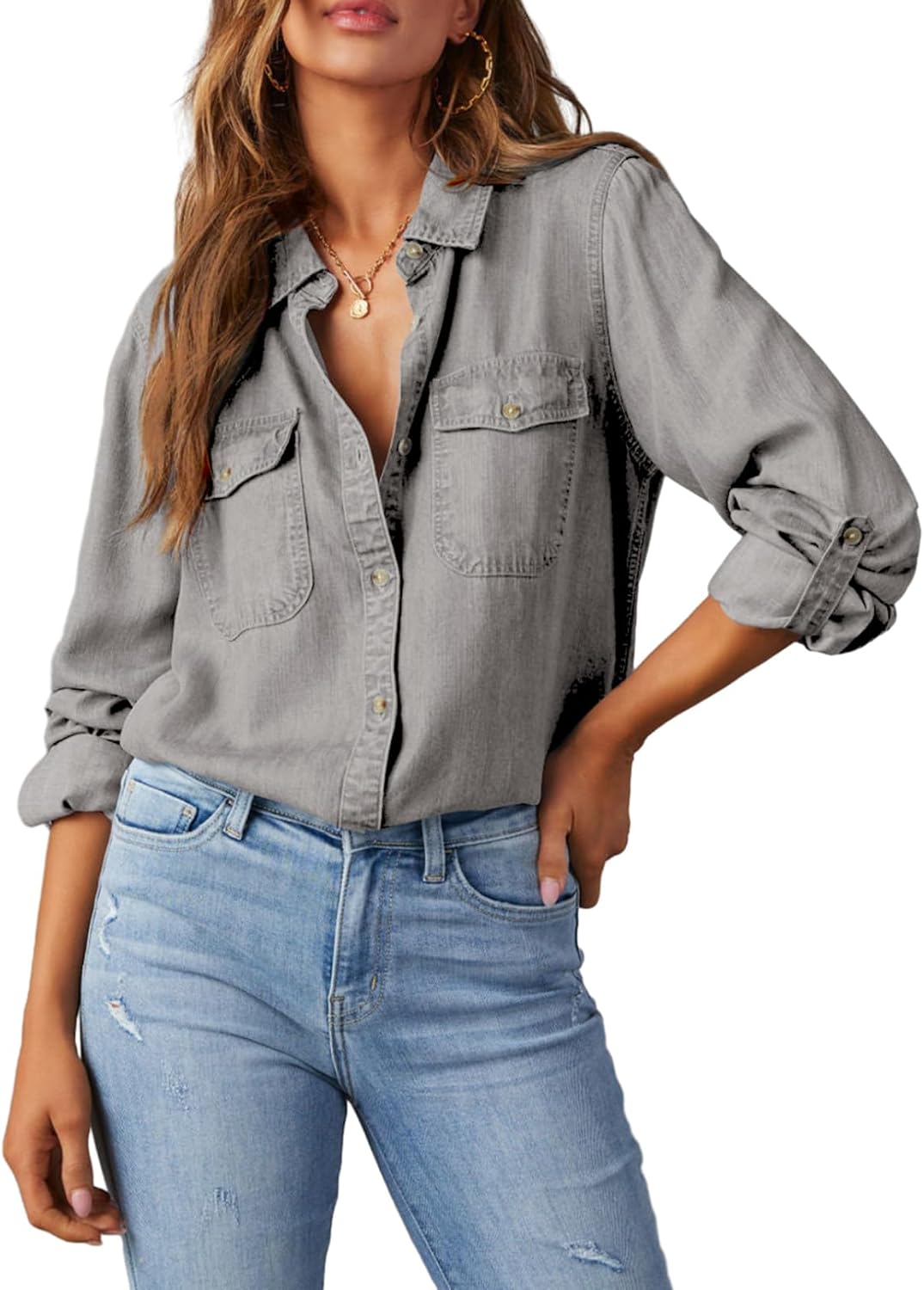 Women's Chambray Button Down Shirt - Long Sleeve, V Neckline, Soft Denim Blouse for Casual Workdays - Small
