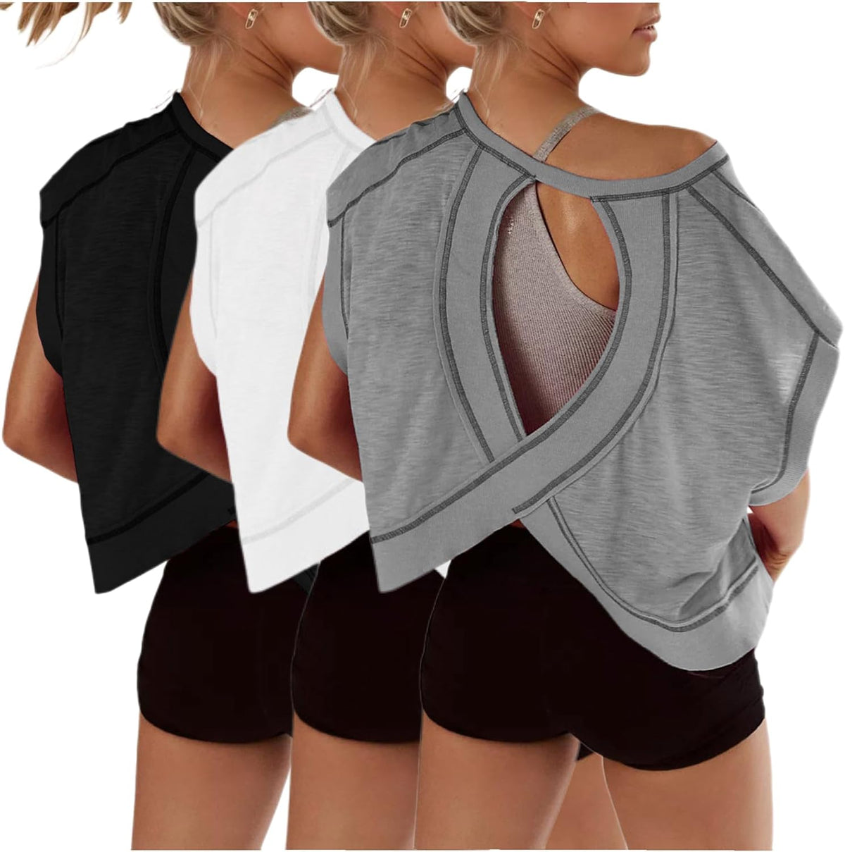 Women's Open Back Crop Tops 3 Pack - Short Sleeve Athletic Tees for Gym, Yoga and Running Sessions - White&grey&rosered