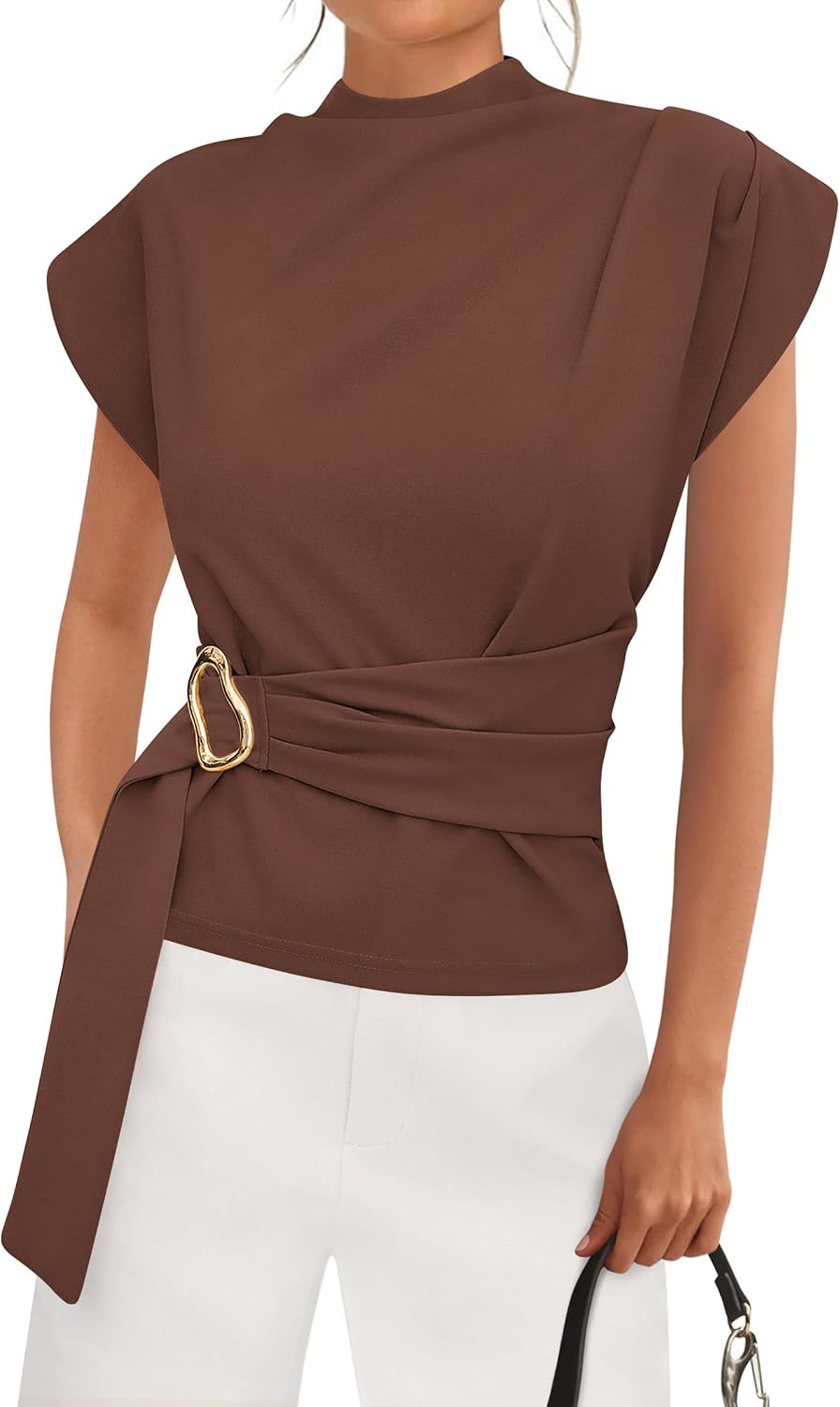 Women's Mock Neck Blouse - Cap Sleeves, Buckle Belt Detail and Back Zip for Business Casual Office Days - Medium
