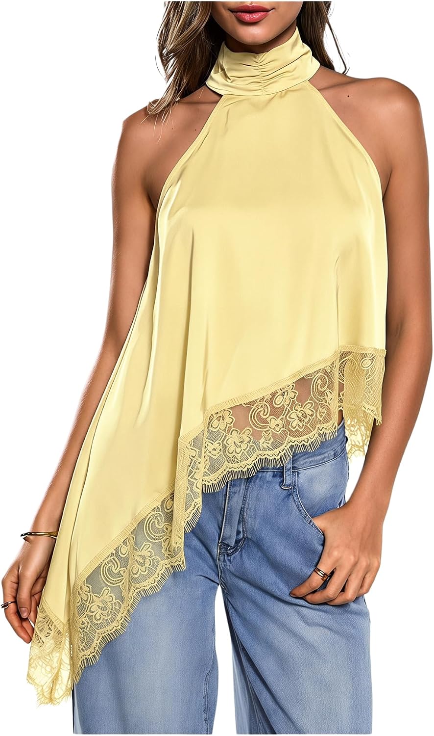 Women's Lace Halter Neck Top - Asymmetrical Hem, Sleeveless Flowy Cut for Date Night and Concerts - Medium