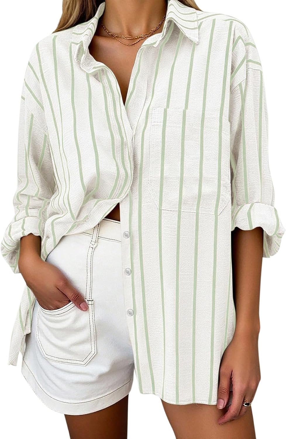 Women's Oversized Linen Blend Shirt - Striped, Long Sleeve Button Down with a Chest Pocket for Beach Days - Small
