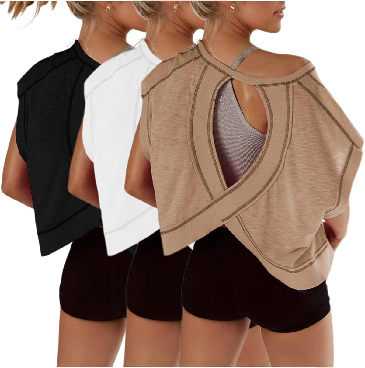 Women's Open Back Crop Tops 3 Pack - Short Sleeve Athletic Tees for Gym, Yoga and Running Sessions - Black&white&coral (