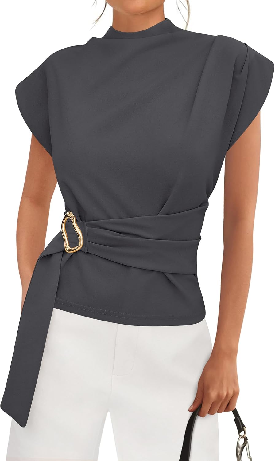 Women's Mock Neck Blouse - Cap Sleeves, Buckle Belt Detail and Back Zip for Business Casual Office Days - Medium