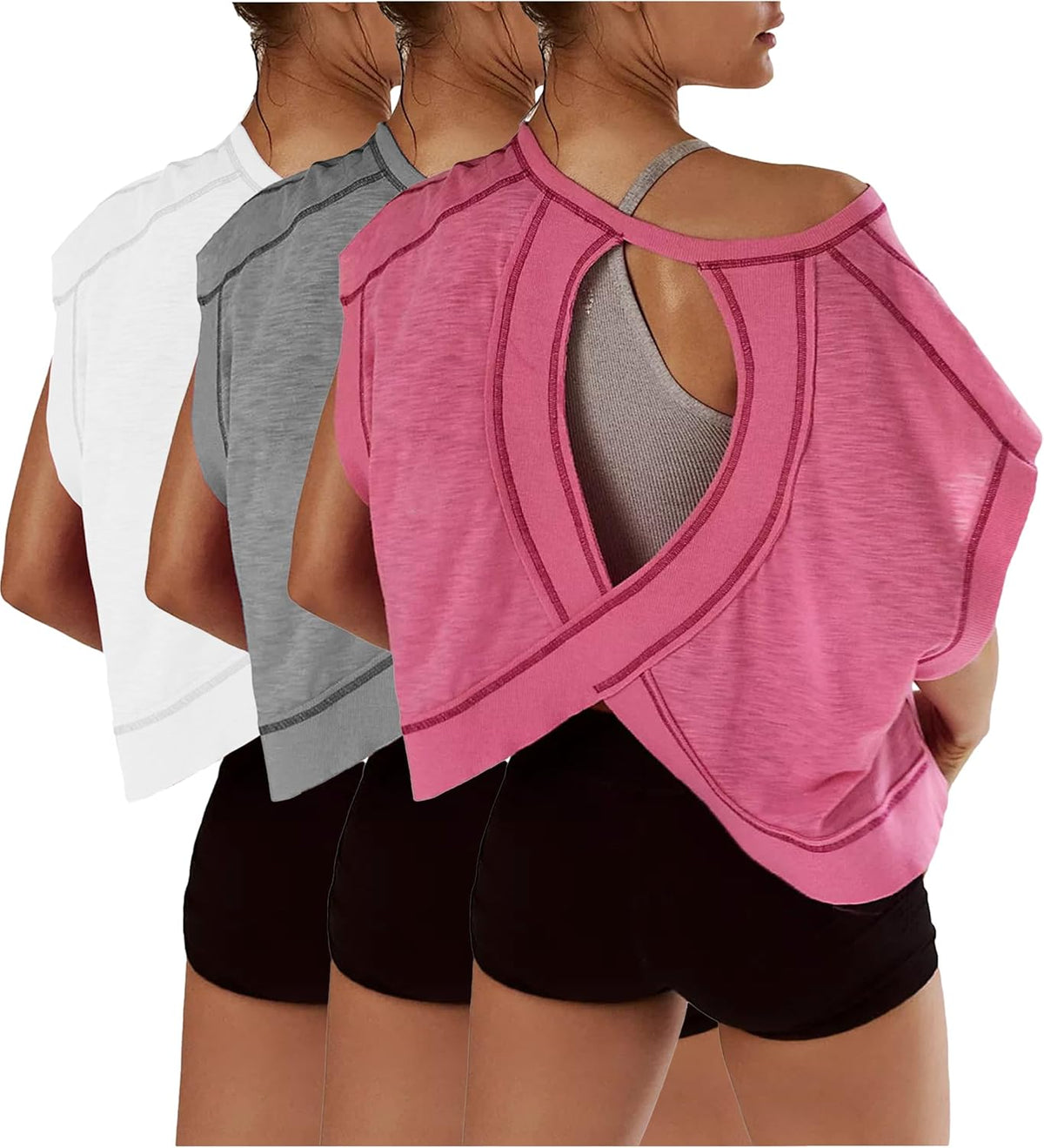 Women's Open Back Crop Tops 3 Pack - Short Sleeve Athletic Tees for Gym, Yoga and Running Sessions - Black&white&coral