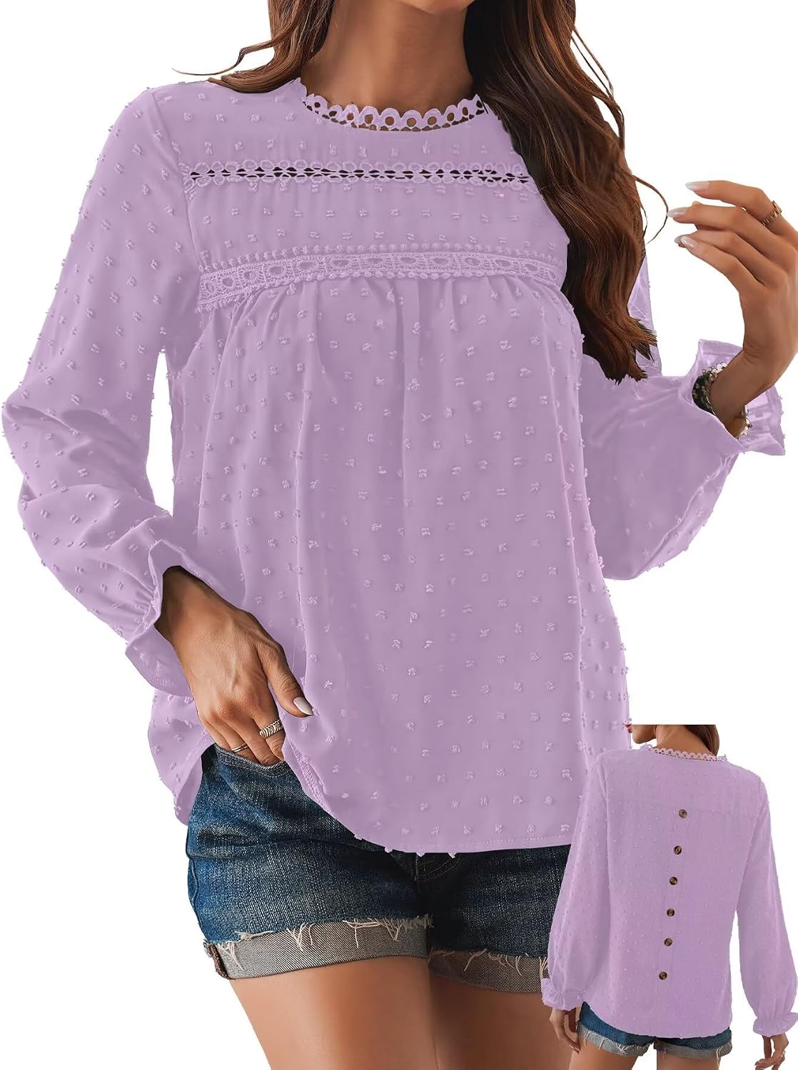 Women's Swiss Dot Ruffle Blouse - Long Sleeve Crew Neck, Eyelet Lace Trim, Flowy Fit in Sizes XS to 5XL - Small