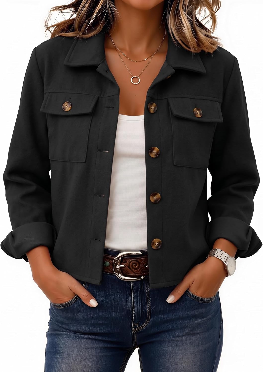 Women's Cropped Plaid Flannel Shacket - Button Down Shirt Jacket for Fall and Winter Layering - Small