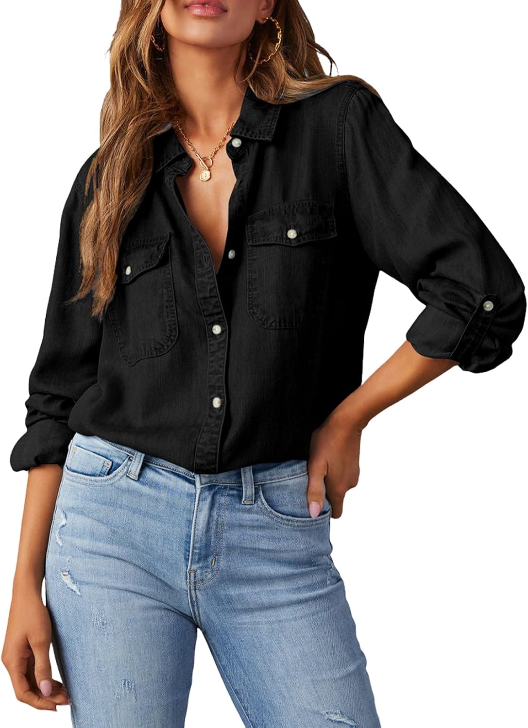 Women's Chambray Button Down Shirt - Long Sleeve, V Neckline, Soft Denim Blouse for Casual Workdays - Medium