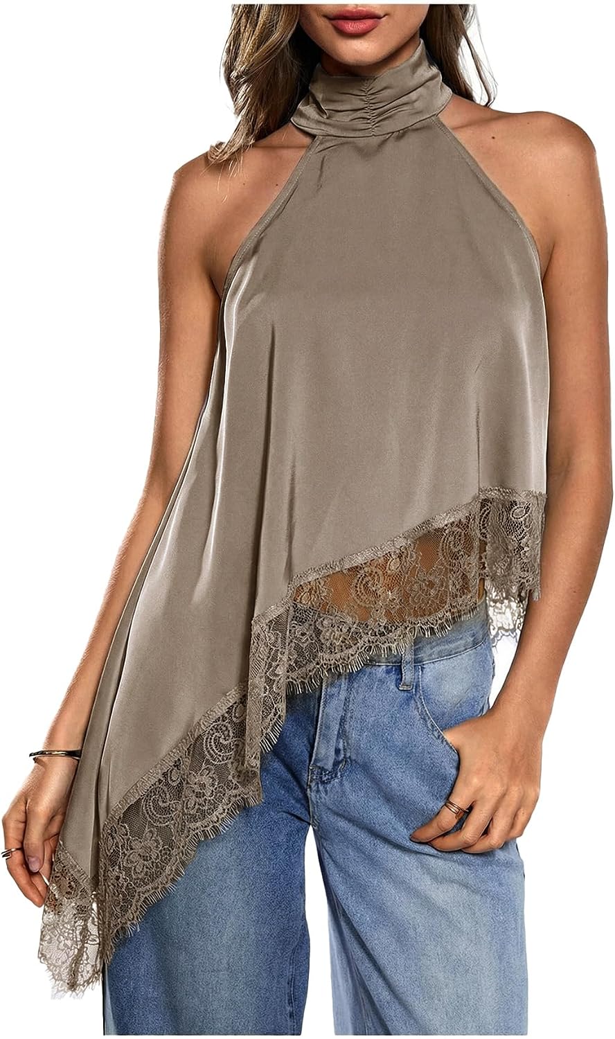 Women's Lace Halter Neck Top - Asymmetrical Hem, Sleeveless Flowy Cut for Date Night and Concerts - Small