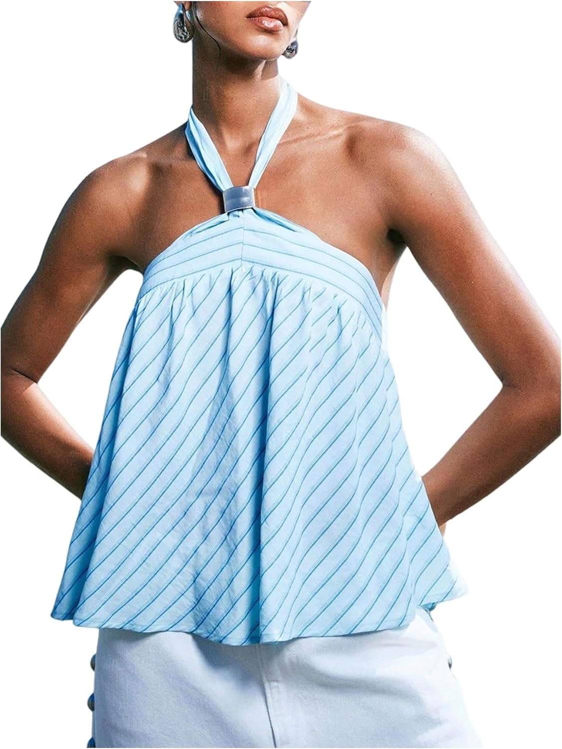 Women's Swiss Dot Halter Top - Tie Back Knot, Sheer Sleeveless Cut for Parties and Concert Nights - Small