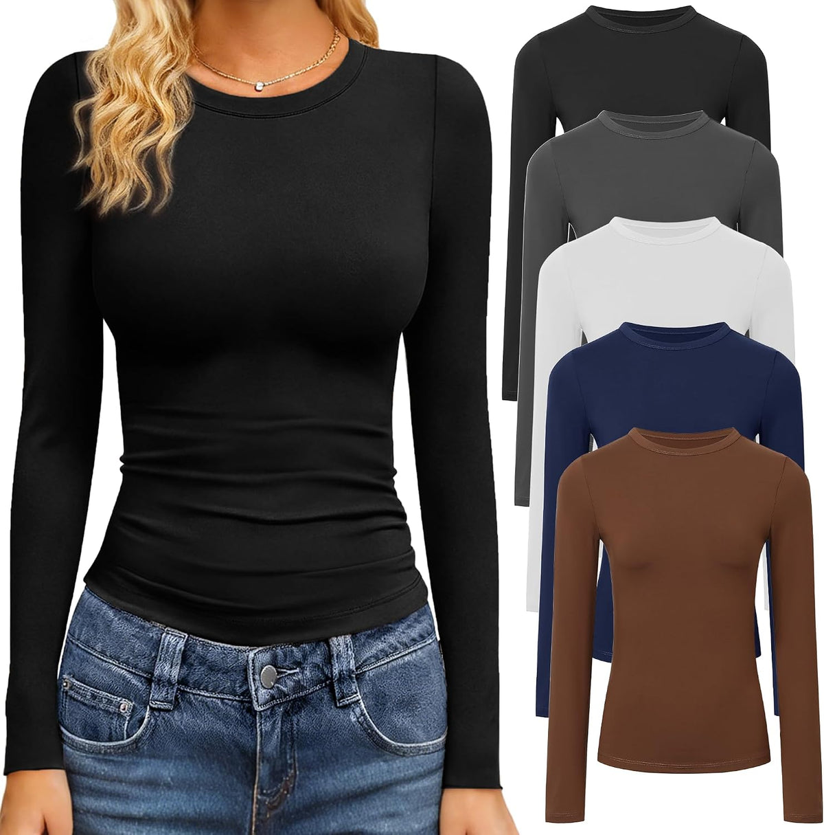 Women's Long Sleeve Tees 3 Pack - Crew Neck, Slim Stretch Fit, Wrinkle Resistant Tops for Office and Gym - Black,white,b