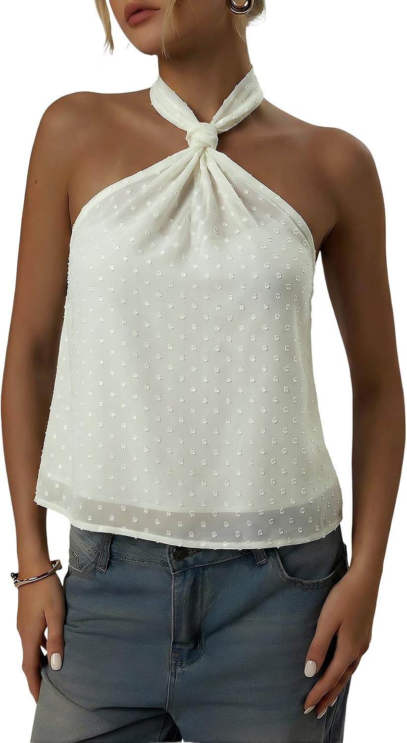 Women's Swiss Dot Halter Top - Tie Back Knot, Sheer Sleeveless Cut for Parties and Concert Nights - Small
