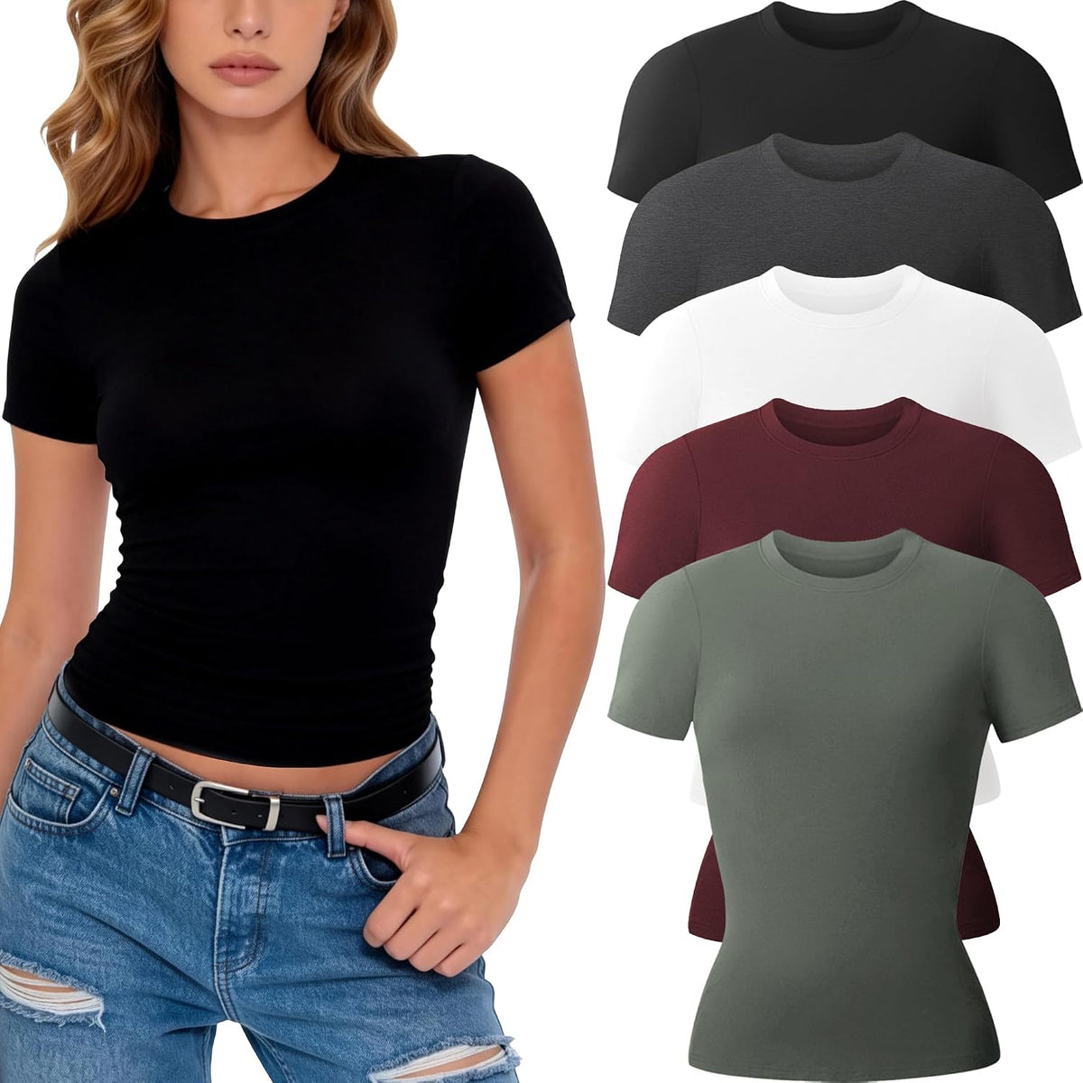 Women's Fitted Basic Tees 3 or 5 Pack - Crew Neck, Stretch Knit, Short Sleeve Tops for Layering and Gym - Small