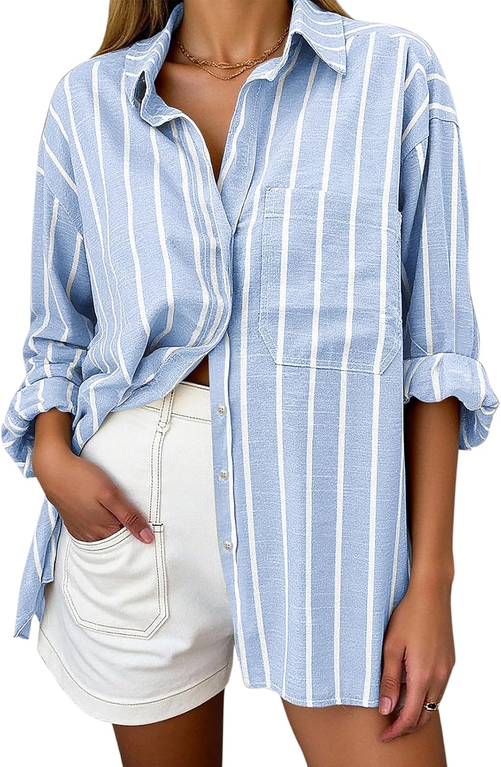 Women's Oversized Linen Blend Shirt - Striped, Long Sleeve Button Down with a Chest Pocket for Beach Days - Small