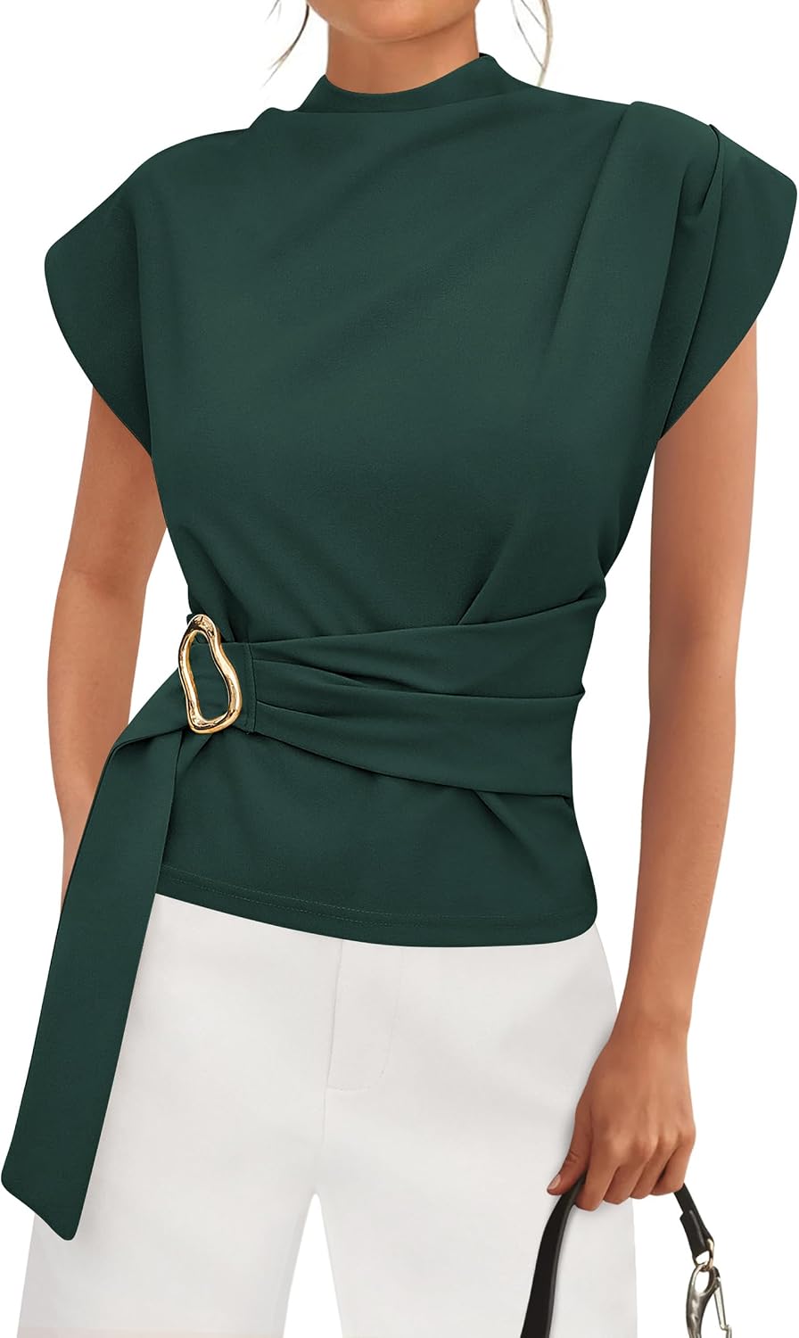 Women's Mock Neck Blouse - Cap Sleeves, Buckle Belt Detail and Back Zip for Business Casual Office Days - Medium