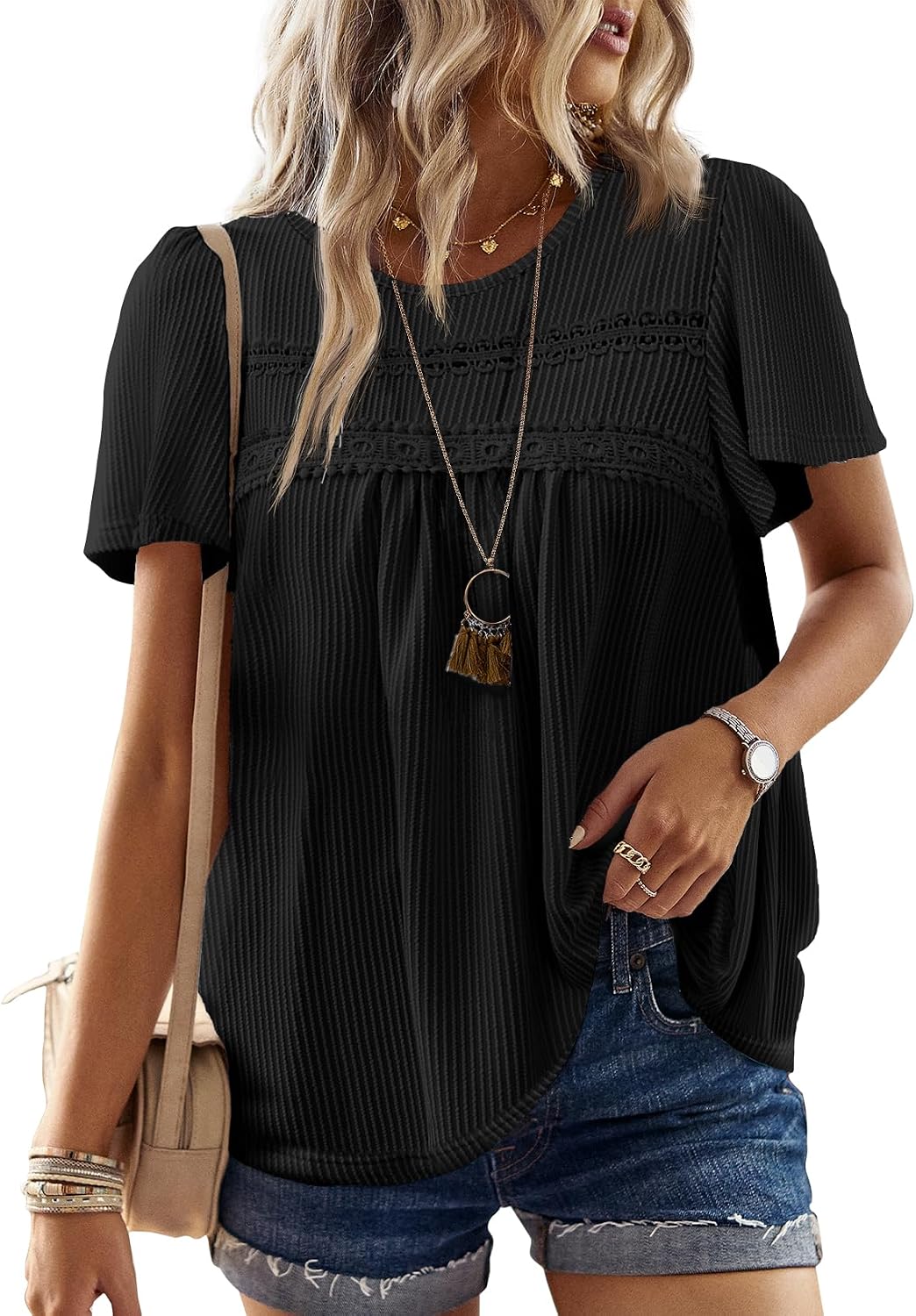 Women's Boho Ribbed Short Sleeve Top - Crochet Lace Trim, Flowy Loose Fit in Sizes XS to 5XL - Apricot (2)