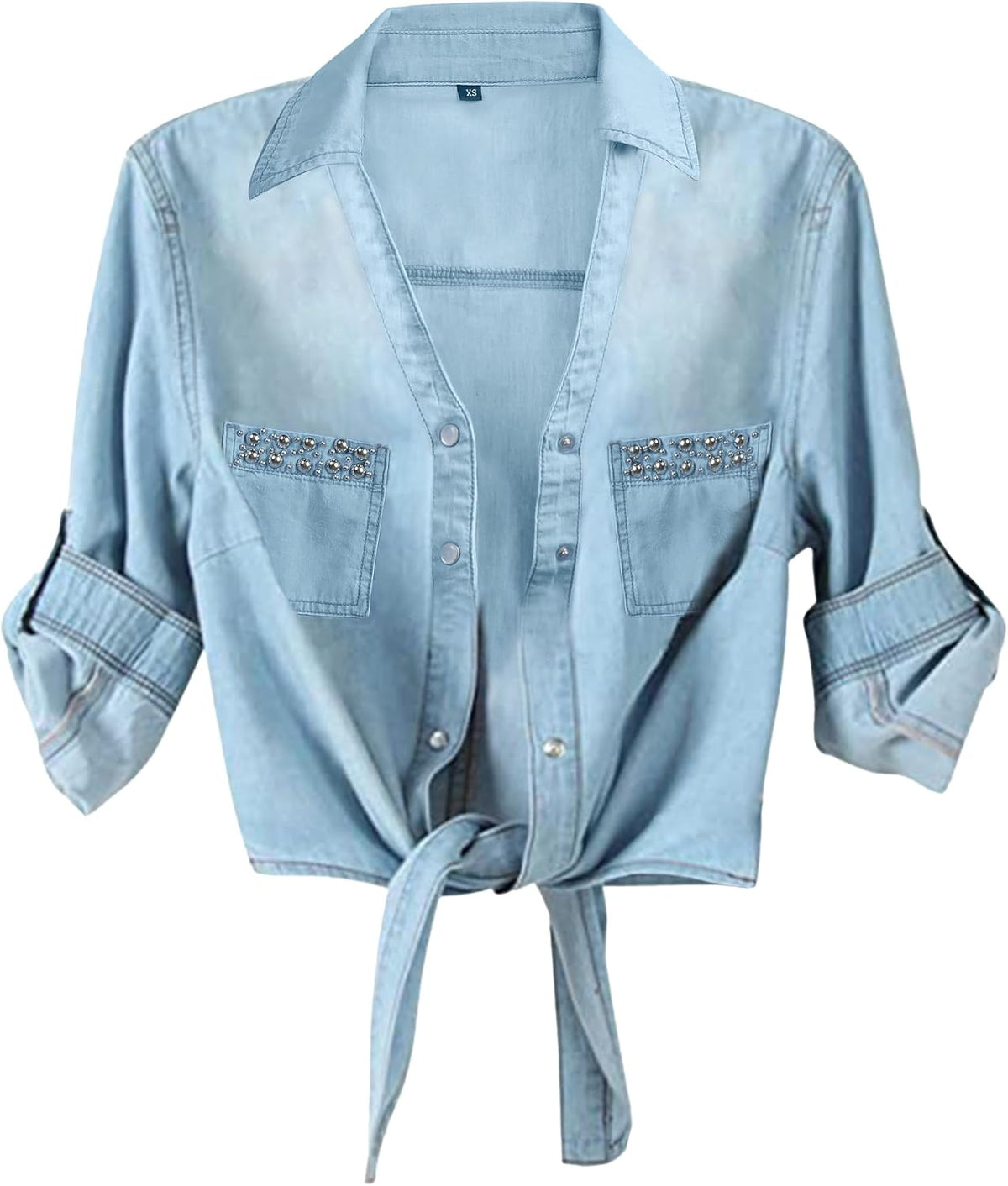 Women's Tie Front Denim Crop Shirt - Roll Up Three Quarter Sleeves, Chambray Button Down for Western Looks - Small