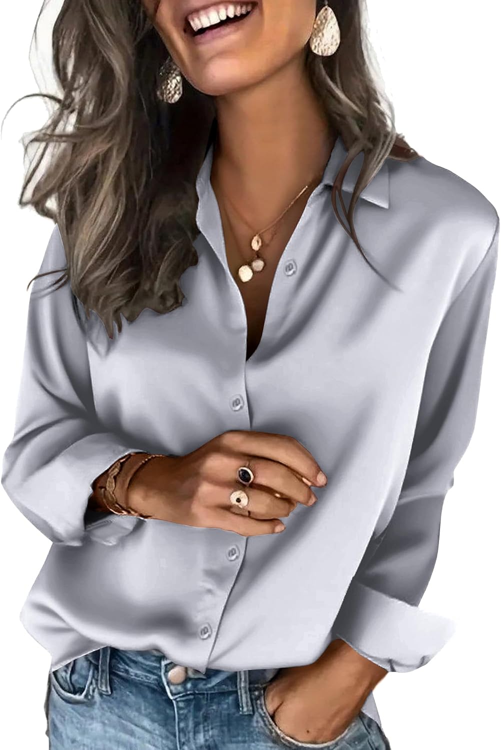 Women's Satin Button Down Blouse - Long Sleeves, Silky Drape, Business Casual Shirt for the Office - Aa-white