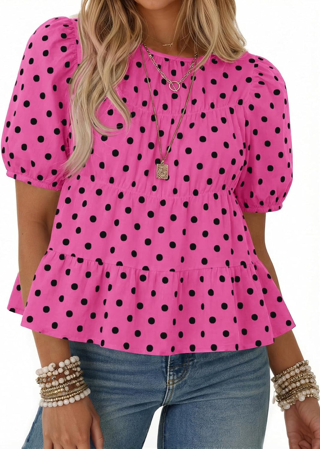 Women's Puff Sleeve Peplum Top - Pleated Babydoll Cut, Short Sleeve Cotton Blouse for Summer Outings - Light Yellow