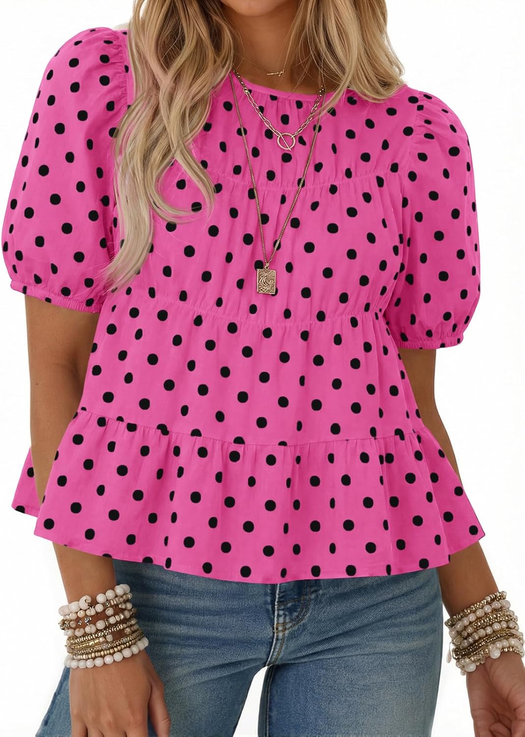 Women's Puff Sleeve Peplum Top - Pleated Babydoll Cut, Short Sleeve Cotton Blouse for Summer Outings - Light Yellow
