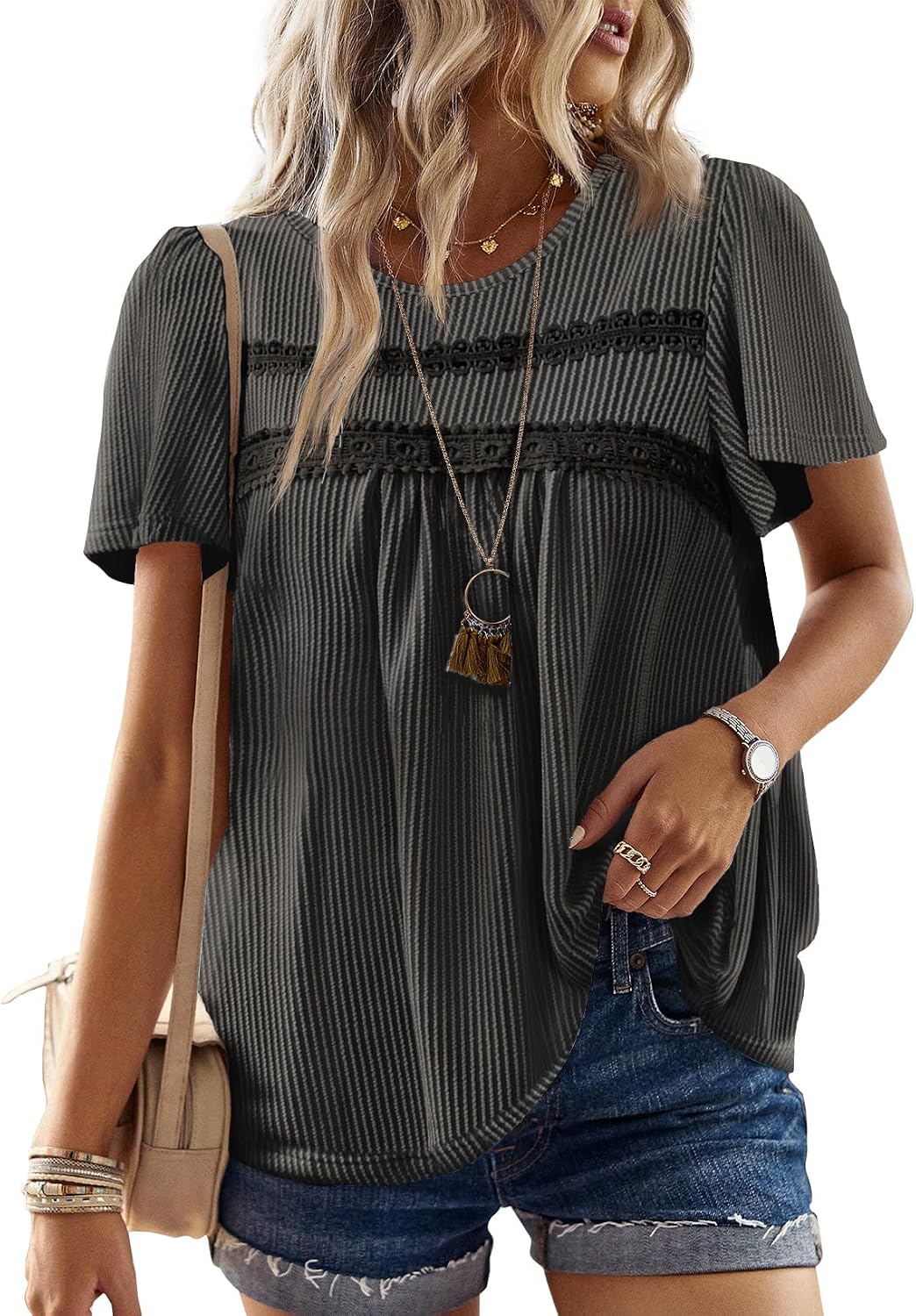 Women's Boho Ribbed Short Sleeve Top - Crochet Lace Trim, Flowy Loose Fit in Sizes XS to 5XL - Apricot (5)