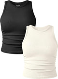 Women's Ruched Crop Tank Tops 2 Piece Set - Crew Neck, Sleeveless Stretch Camis for Yoga and Layering - Large