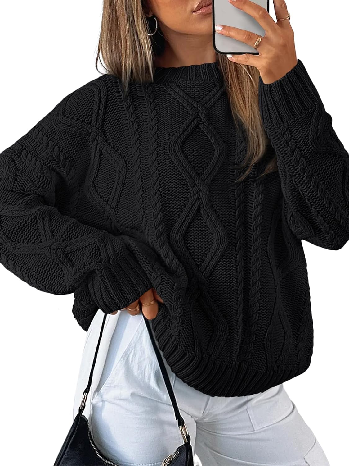 Women's Oversized Cable Knit Sweater - Chunky Knit Texture, Drop Shoulders, Pullover for Fall Layering - Small