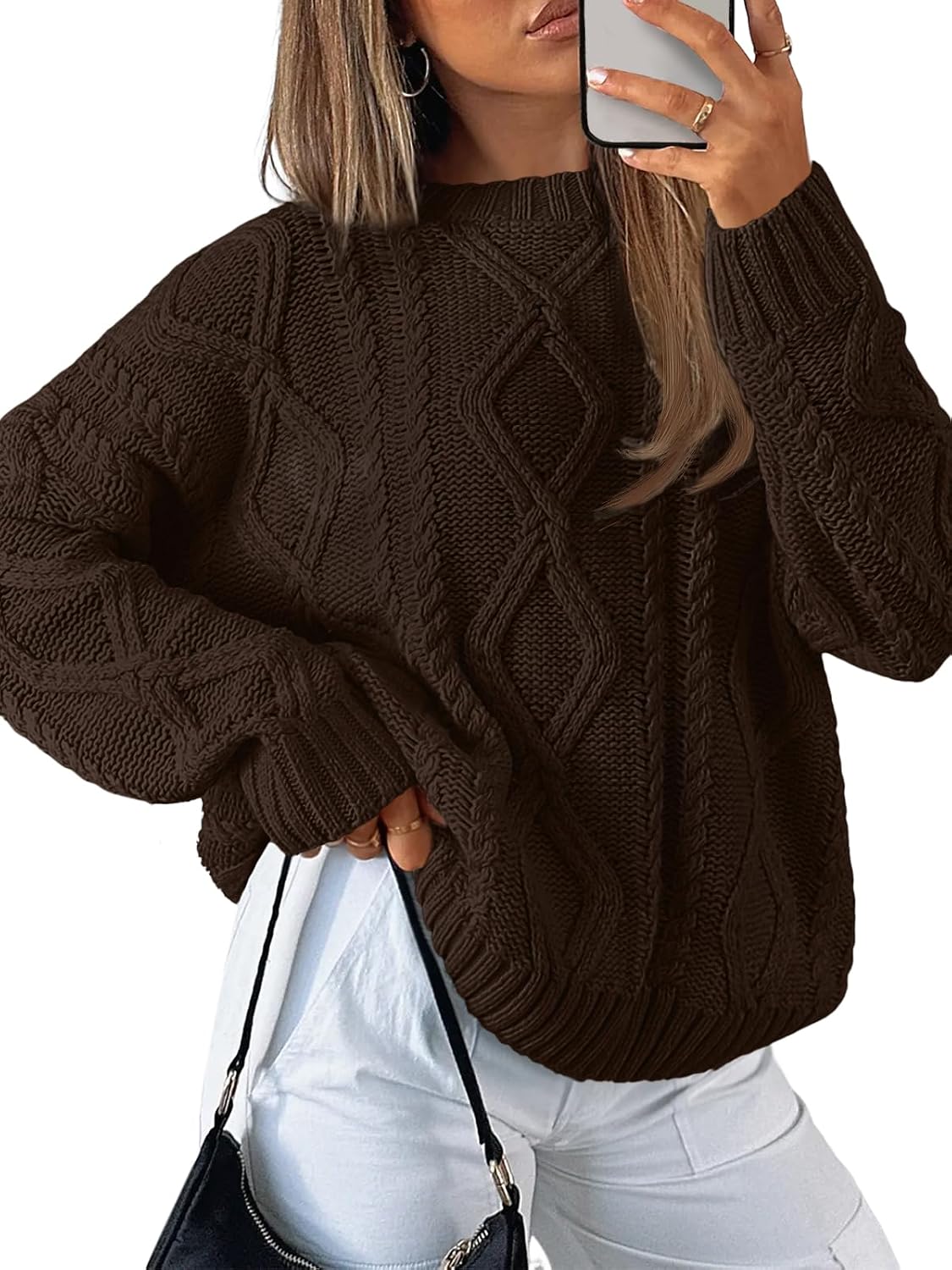 Women's Oversized Cable Knit Sweater - Chunky Knit Texture, Drop Shoulders, Pullover for Fall Layering - Small (13)