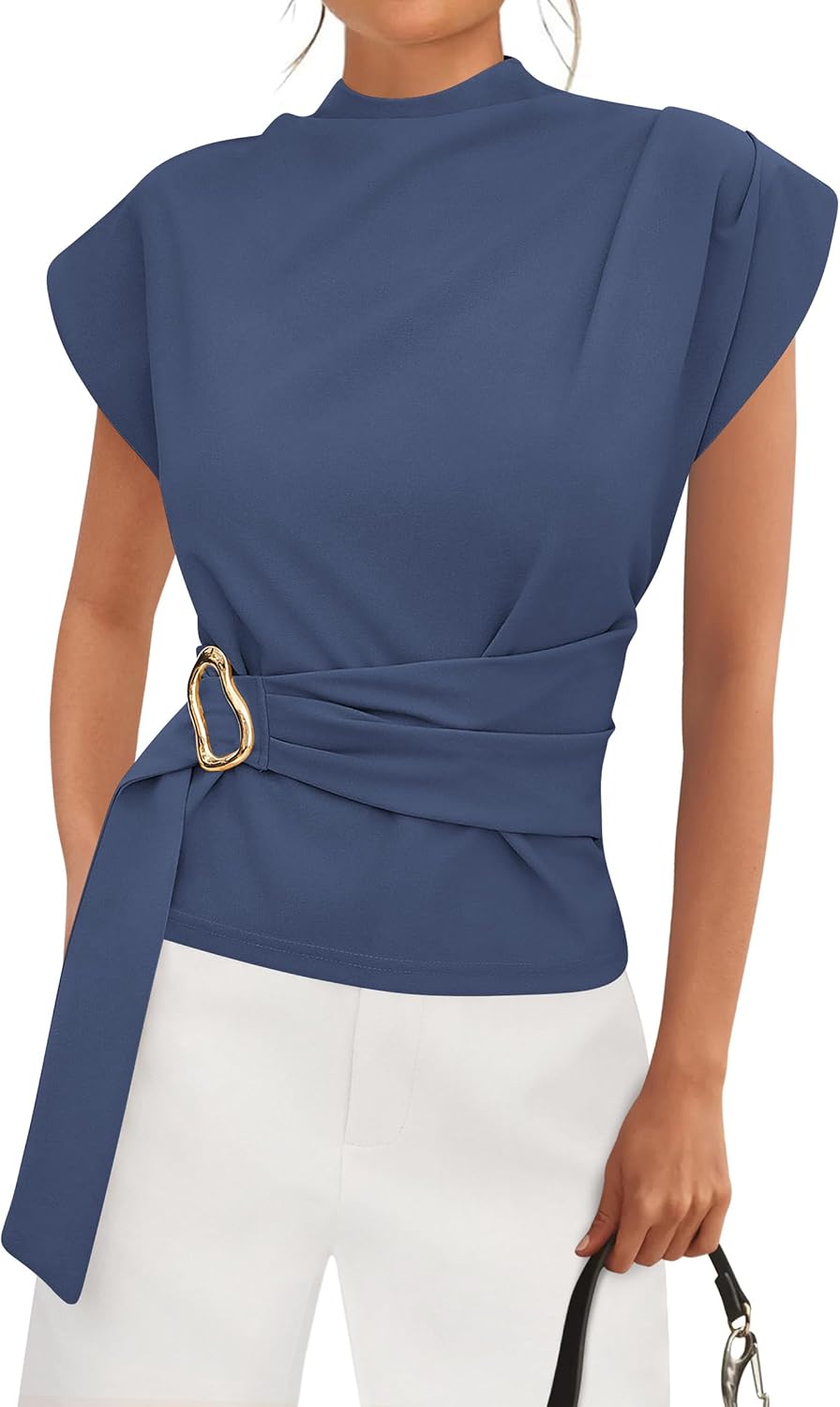 Women's Mock Neck Blouse - Cap Sleeves, Buckle Belt Detail and Back Zip for Business Casual Office Days - Small