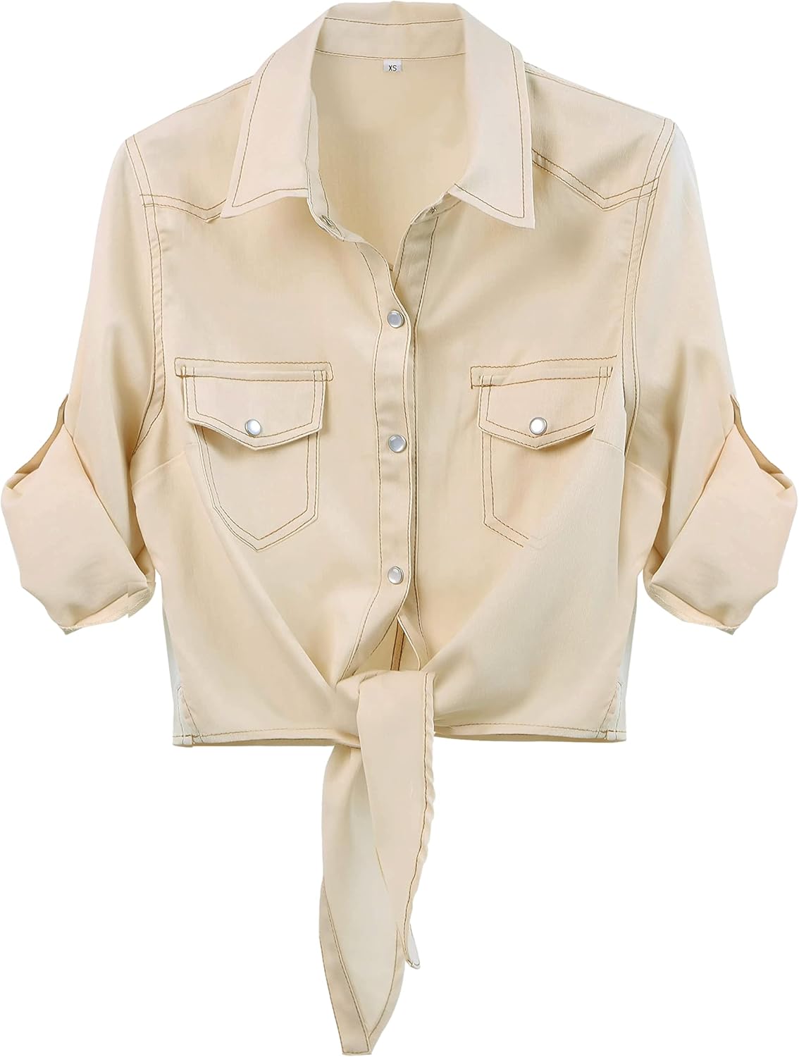 Women's Tie Front Denim Crop Shirt - Roll Up Three Quarter Sleeves, Chambray Button Down for Western Looks - Small