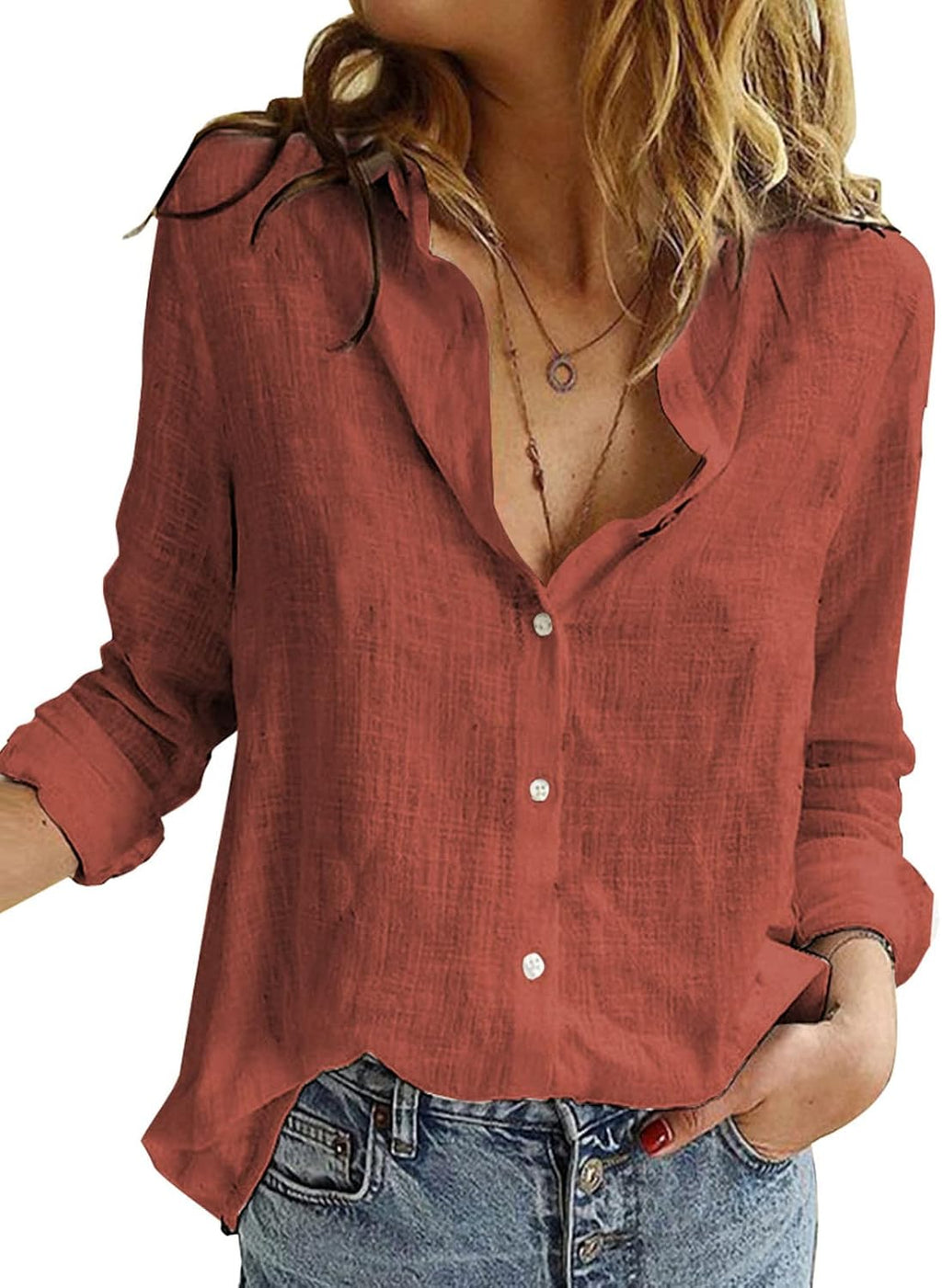 Women's V Neck Button Down Blouse - Roll Up Tab Sleeves, Casual Work Shirt in Solids and Floral Prints - Large
