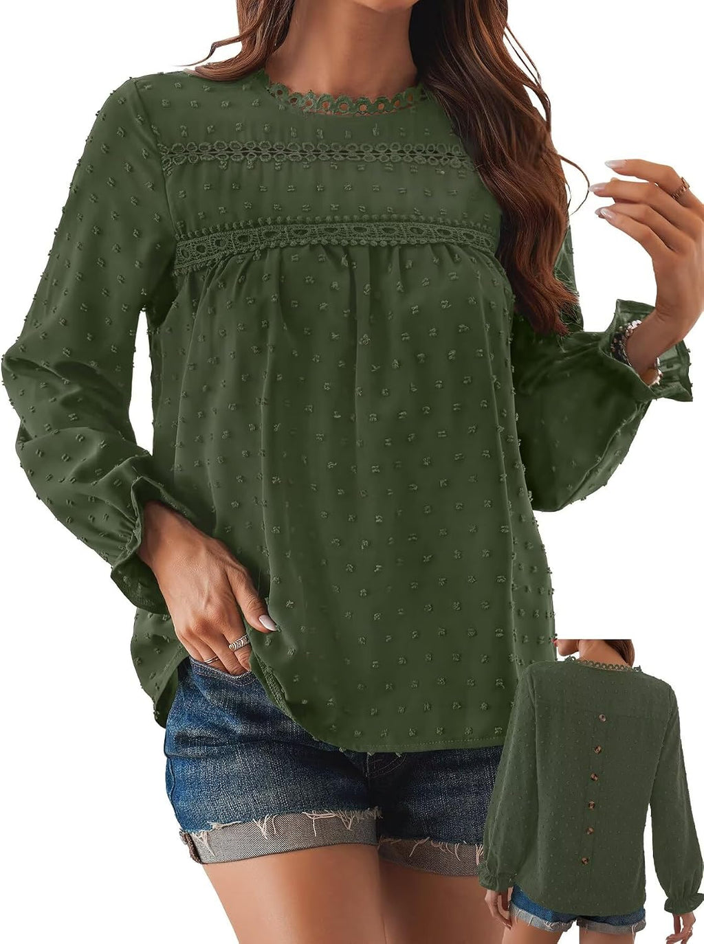 Women's Swiss Dot Ruffle Blouse - Long Sleeve Crew Neck, Eyelet Lace Trim, Flowy Fit in Sizes XS to 5XL - Small (12)