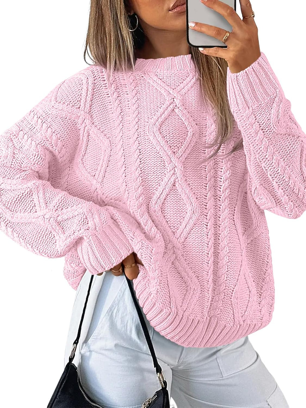 Women's Oversized Cable Knit Sweater - Chunky Knit Texture, Drop Shoulders, Pullover for Fall Layering - Medium