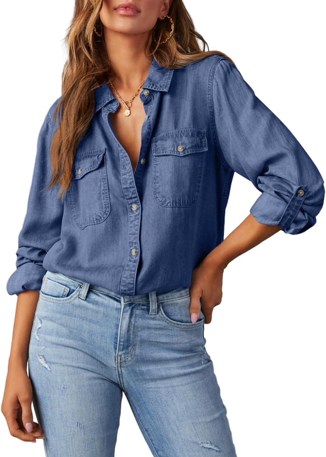 Women's Chambray Button Down Shirt - Long Sleeve, V Neckline, Soft Denim Blouse for Casual Workdays - Small