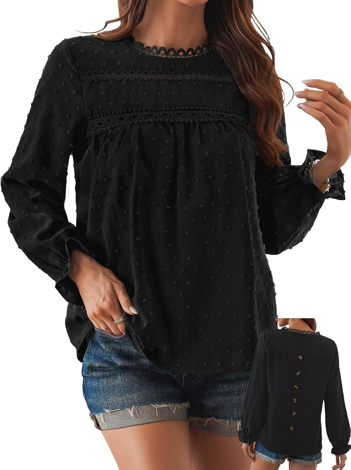 Women's Swiss Dot Ruffle Blouse - Long Sleeve Crew Neck, Eyelet Lace Trim, Flowy Fit in Sizes XS to 5XL - Small