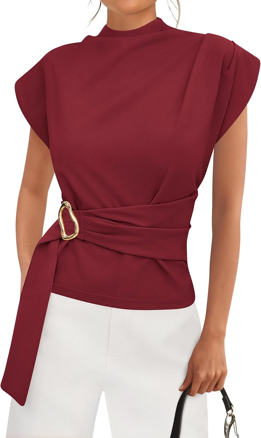 Women's Mock Neck Blouse - Cap Sleeves, Buckle Belt Detail and Back Zip for Business Casual Office Days - Medium