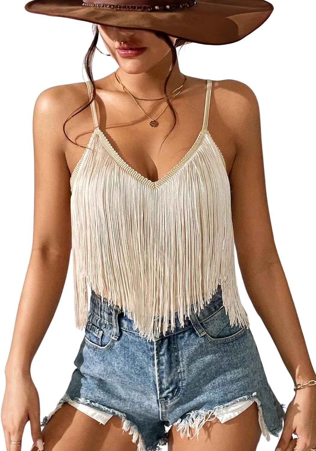 Women's Western Fringe Tank Top - Sleeveless, Tassel Hem, Country Concert and Rodeo Top for Festival Nights - Small